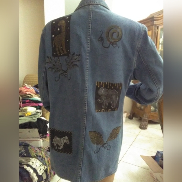 VINTAGE JEAN JACKET BY HAIKS 100%COTTON SZ. LG ANIMAL PAINTINGS POCKETS - Picture 10 of 12
